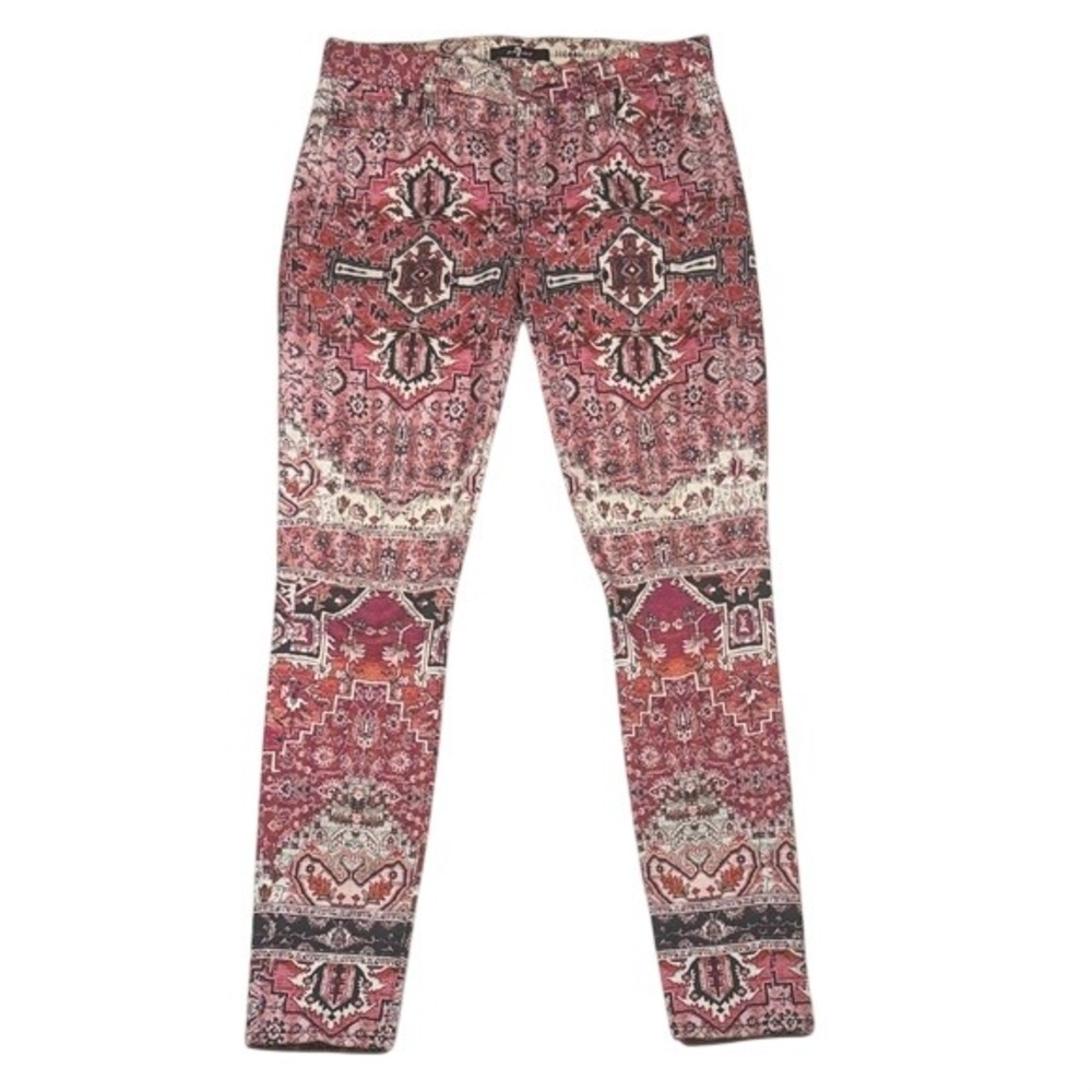 7 For All Mankind Persian Rug Print Skinny Jeans Burgundy Red Womens Size 27